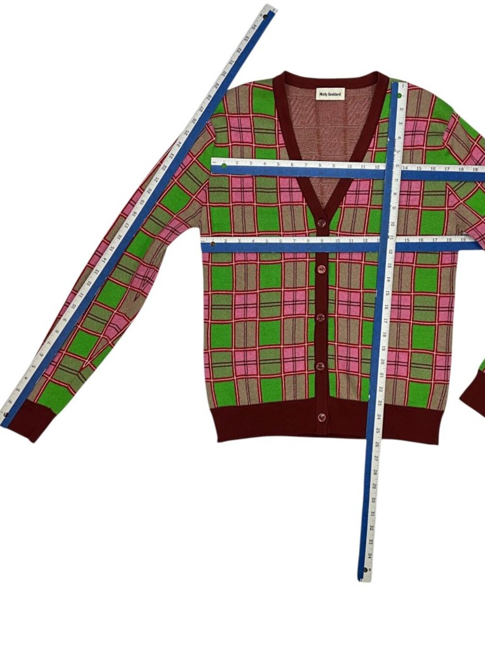 Molly Goddard Emma Cardigan Sweater M Pink Green Tartan Plaid Combed Cotton - Picture 9 of 16